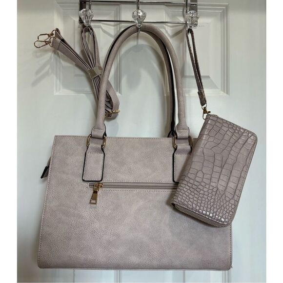 ST. BARRY - NWT 2-Piece Satchel & Wristlet/Stone Grey Croc-Embossed Faux Leather - Picture 15 of 16